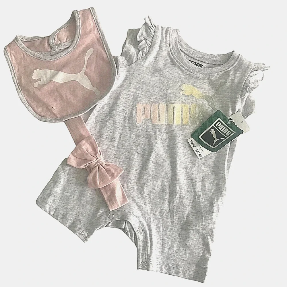 Puma Baby Girl‎ White Heather 3‑Piece Romper Set 3‑6M